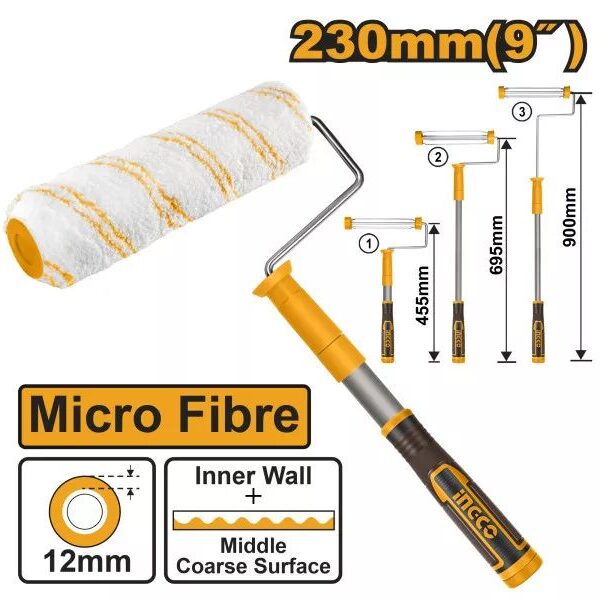 INGCO Mikroszálas festőhenger teleszkópos nyéllel 230 x 12 x 6 mm lágy fogantyús 455-900 mm
