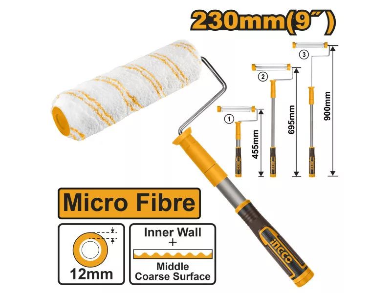 INGCO Mikroszálas festőhenger teleszkópos nyéllel 230 x 12 x 6 mm lágy fogantyús 455-900 mm