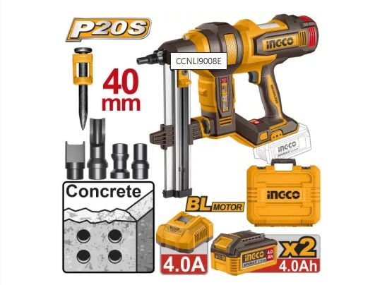 INGCO Akkus betonszögbelövő 40mm szénkefe nélkül 20V (2x4,0 akku+töltő)